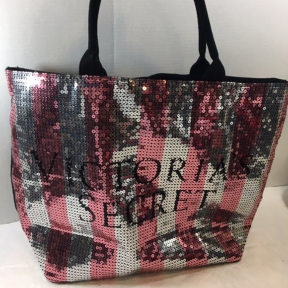 Victoria's Secret Extra Large Glam Sequined Canvas Zip Tote Travel Bag 21"x15" - Picture 7 of 9